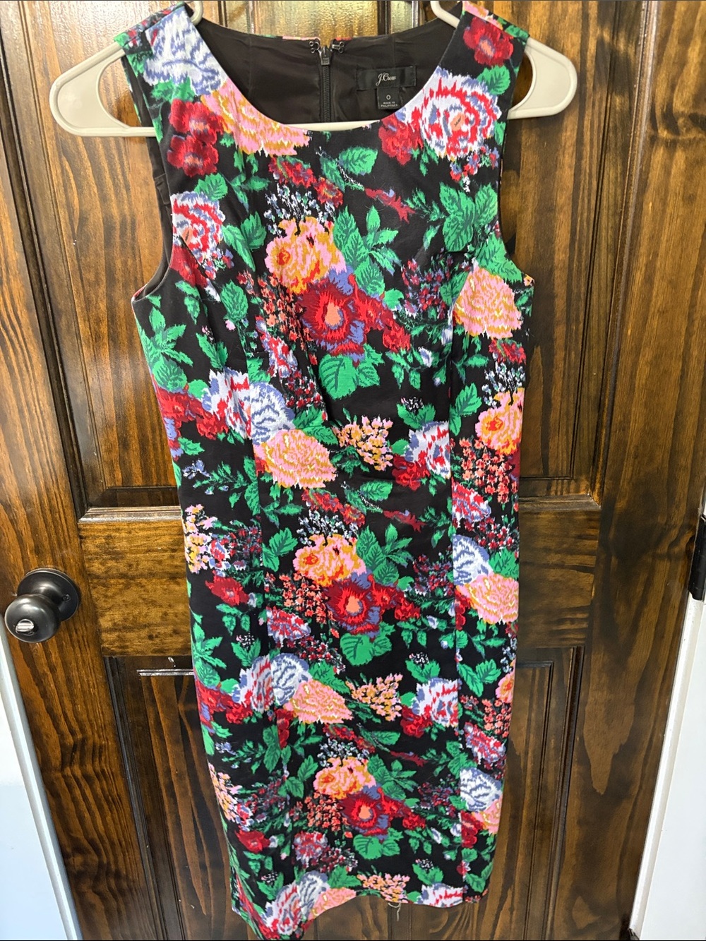 J. Crew Black Floral Midi Sheath Dress with Green, Red and Pink Blooms